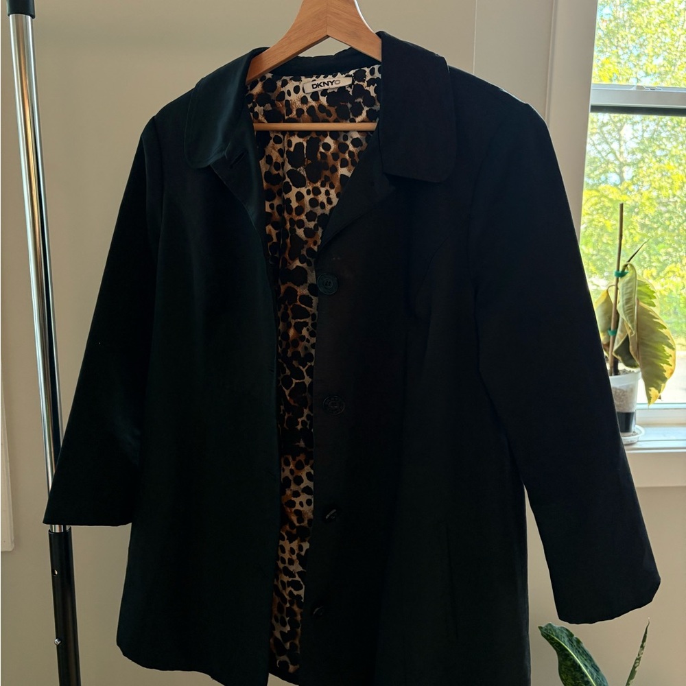 DKNY Black Trench Coat with Leopard Print Lining